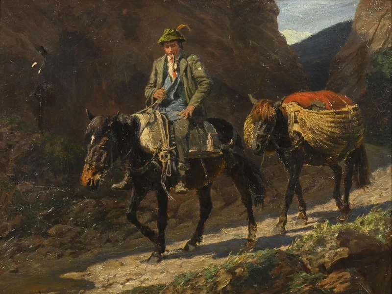 1873-Richard Benno Adam - Cavaliere con due cavalli in montagna